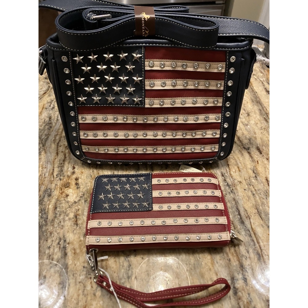 NWT MONTANA WEST American Pride Crossbody Organizer Bag Rhinestone Flag & Wallet